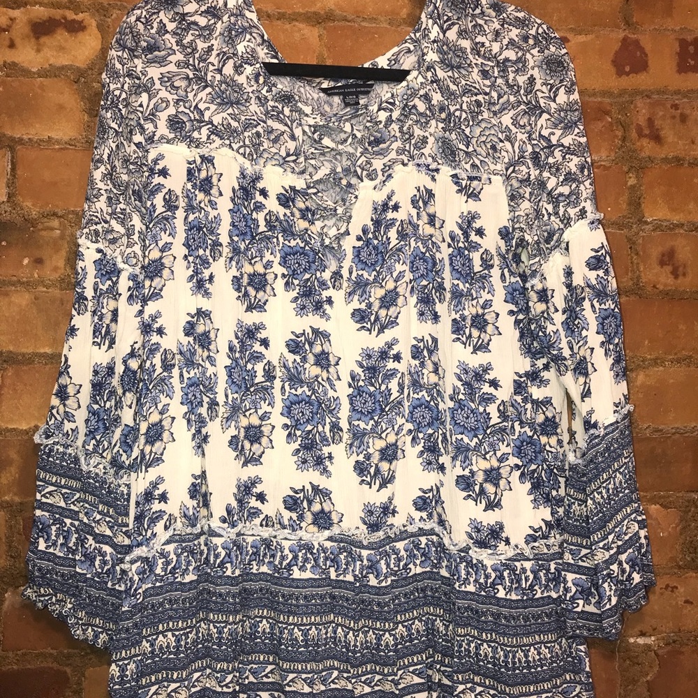 Long Sleeve Blue & White Blouse by American Eagle